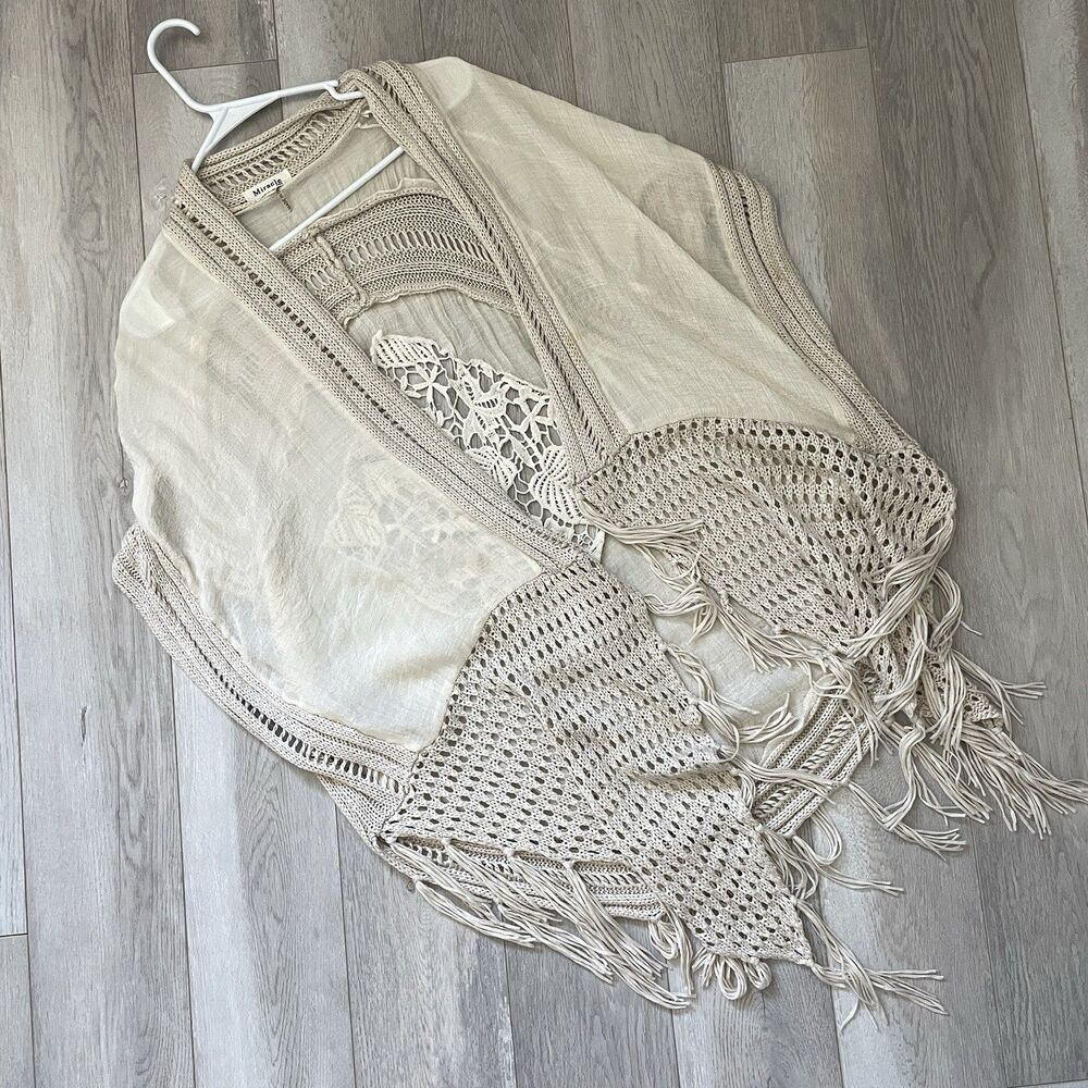 Crochet Knit Cardigan fringe long open womens Beige (small medium) boho festival